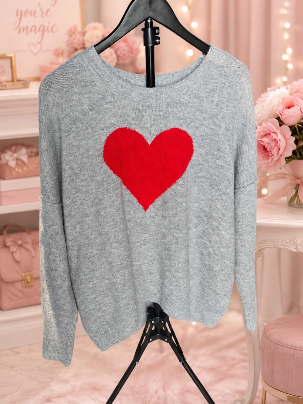 Vince Camuto Light Gray Sweater with Red Heart Motif